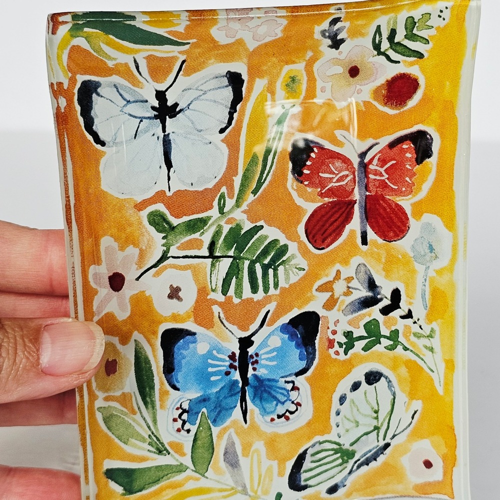 Butterfly Floral Glass Trinket Dish Yellow Rectangular Vanity Tray Decor - Picture 5 of 8